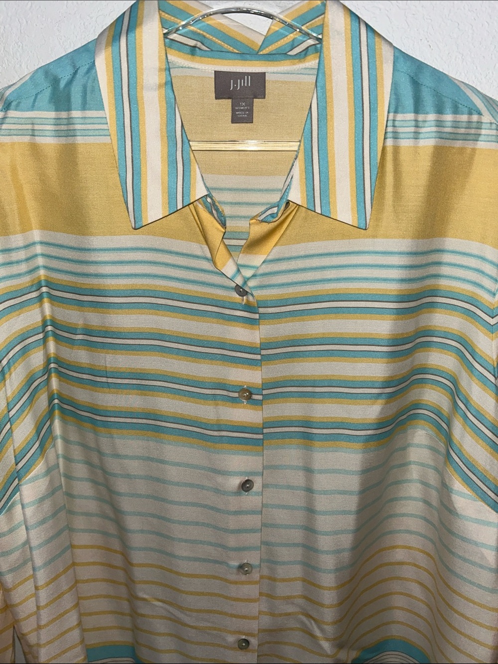 J. Jill 100% Silk Striped Yellow Aqua Long-Sleeve Button-Down Shirt 1X in EUC